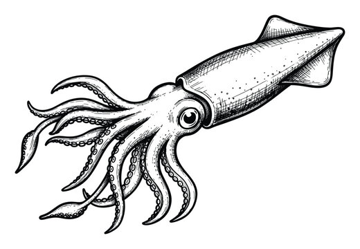 Classic squid sketch for aquatic life education, seafood packaging, or ocean themed decor