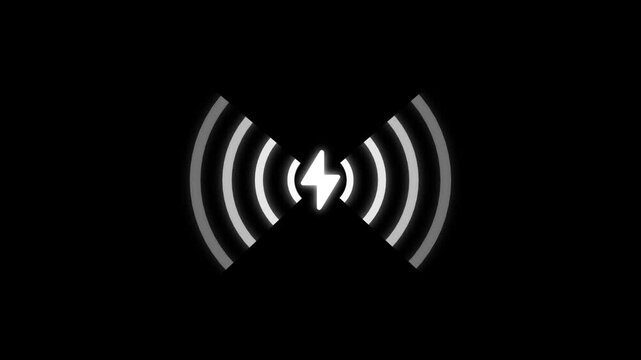 Wireless charging icon animated with lightning bolt and radiating waves on black background