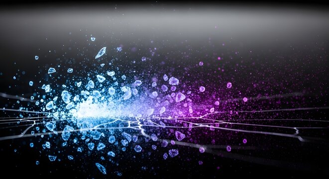 Exploding shards of ice and glass with blue and purple light. Energy impact and physical destruction concept. Particles flying from a shattered surface on a black background