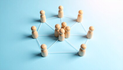 Obraz premium Wooden figurines circle network glowing leader connection.