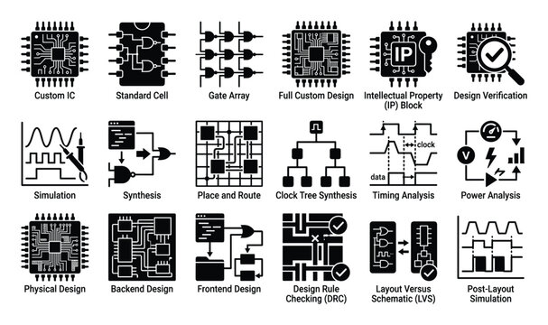 Integrated circuit design and semiconductor development vector icons for engineering technology