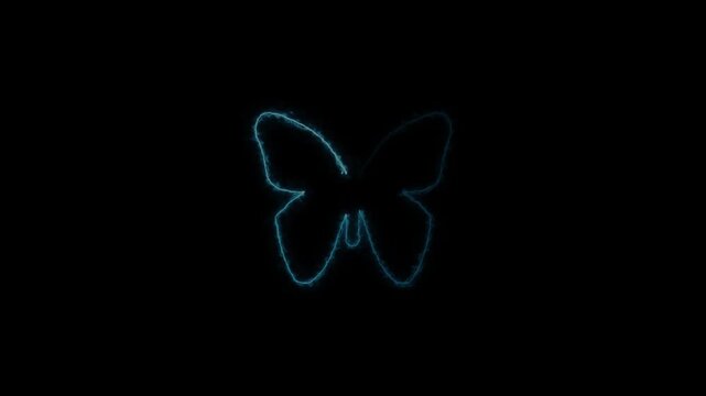 Neon blue butterfly animation loop on black background, glowing insect wings fluttering