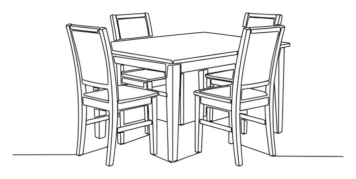 Continuous line drawing of a dining table with four chairs for minimalist home decor projects