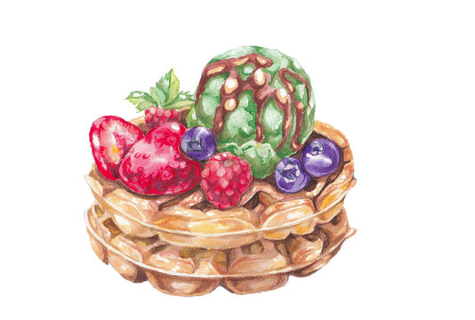 hand-painted watercolor illustration of fruits and ice cream on waffles, isolated on white background
