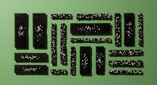 Flat lay of seaweed snacks with sesame seeds on green background. Healthy oriental food and organic nutrition. Rows of crispy nori seaweed sheets arranged in a geometric pattern