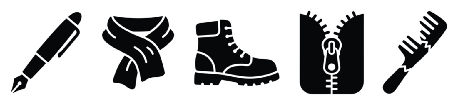 Black glyph icons of pen scarf boot zipper and broken comb for various uses