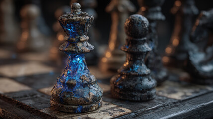 Fototapeta premium Chess king pawn glowing blue fantasy strategy game magic board game king chess piece with glowing blue crack texture old board, fantasy strategy