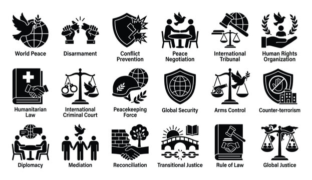 Global peace and justice international security icons for human rights and diplomatic themes