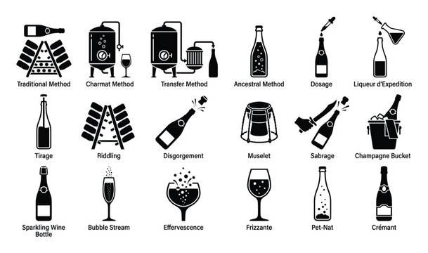 Sparkling wine production methods, terms, and types icons for educational graphic design