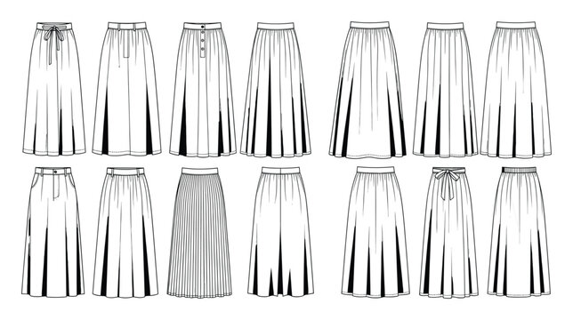 Collection of technical flat drawings showcasing diverse womens long skirt apparel for clothing design projects