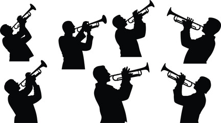 Trumpet player silhouettes set, musician jazz performers collection, black brass instrument players illustration for music design © Kaiyum