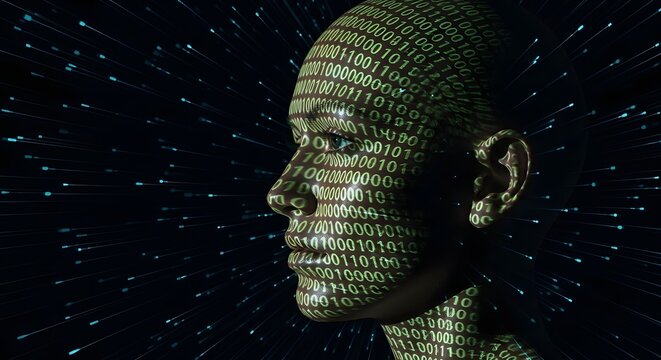 Digital human profile with binary code overlay. Artificial intelligence and machine learning. Side view of a face with green numbers representing data processing