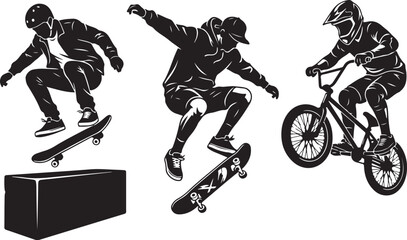 Naklejka premium Black skateboarders, bmx rider silhouettes, extreme sports icons, vector graphics