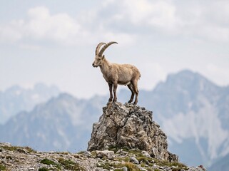 Obraz premium A majestic goat stands on a rocky outcrop overlooking mountains.