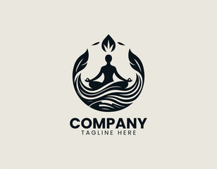 Fototapeta premium Meditating figure with trees and crescent moon spiritual vector logo isolated on white background
