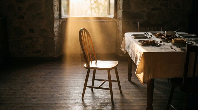 A beautifully set dining table with two plates, but one chair is empty and bathed in a single ray of warm sunlight. Explores themes of loss, memory, or a changing chapter in life.