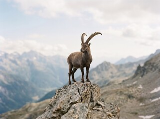 Fototapeta premium A majestic brown goat stands on a rocky mountain peak with curved horns.