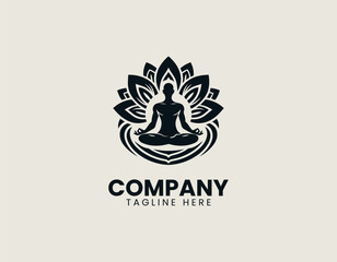 Obraz premium Meditating figure with lotus petals spiritual vector logo isolated on white background