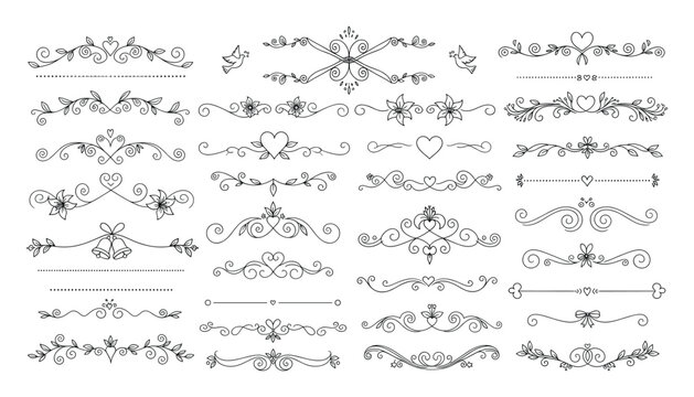 Elegant handdrawn decorative borders and flourishes with hearts and flowers for invitations.