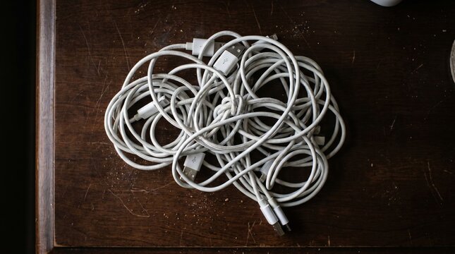 A massive, chaotic knot of white charging cables on a bedside table, resembling a tangled brain. A relatable visual for daily stress, anxiety, and digital clutter.