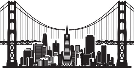 Naklejka premium Black and white, iconic cityscape, Golden Gate Bridge, San Francisco skyline, vector illustration