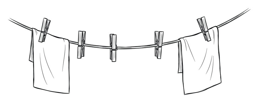 Clothesline with drying towels and clothespins for domestic life and household product advertising