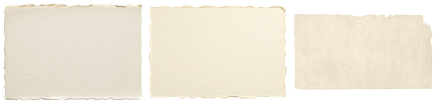 Three torn paper sheets with deckled edges on a black background
