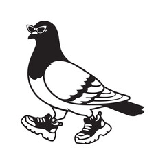 Fototapeta premium Cool cartoon pigeon wearing sunglasses and sneakers walking black and white vector illustration 