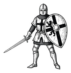 Obraz premium Medieval knight in full armor holding a sword and shield ready for battle history publication resource