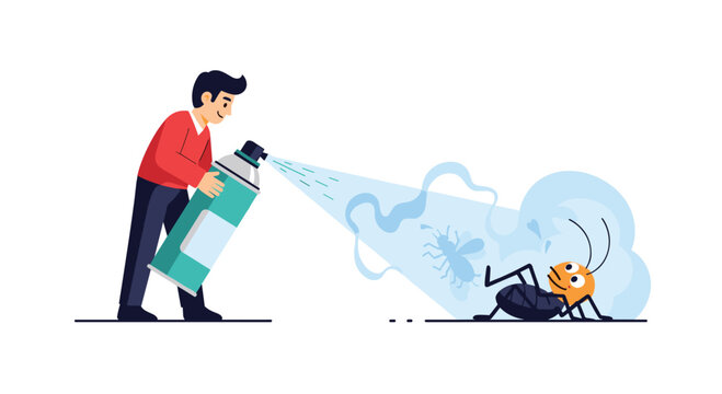 Man using a large spray can to exterminate a pest insect with a cloud of insecticide for pest control and hygiene themes.