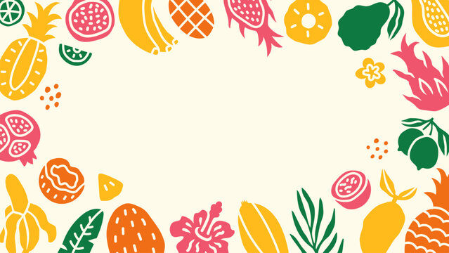 Summer Tropical Fruit Background. Horizontal 1920x1080 ratio social media juicy colorful modern backdrop, rectangle frame border with sweet food elements Flat Vector Doodle