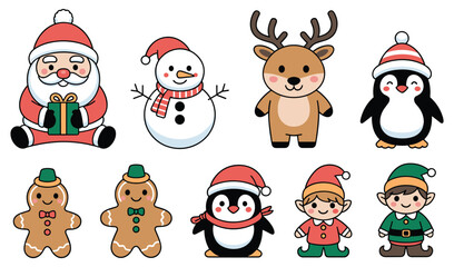 Obraz premium Christmas Cartoon Characters: Festive holiday elements. Cheerful Santa, playful snowman, charming reindeer, delightful penguin, cheerful elf.