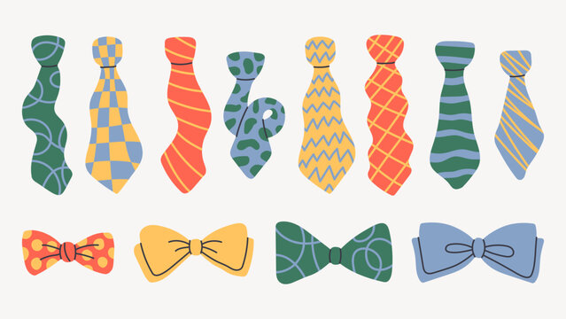 Cartoon Necktie Bowtie Abstract Shapes Set. Father's Day Design Elements. Playful male accessory collection with colorful curved elements in modern style. Flat vector illustration 
