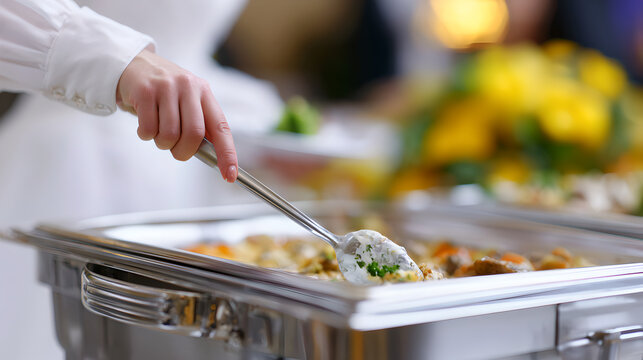 Indoor Catering Buffet Service Featuring Prepared Meat and Fresh Vegetable Salads in Trays
