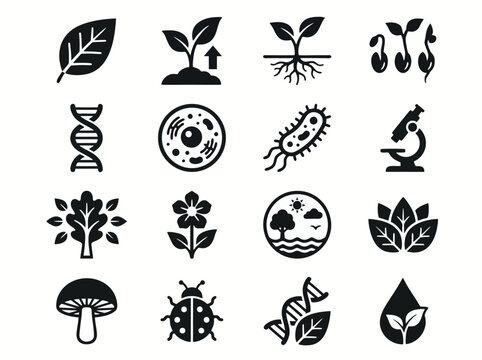 The illustration depicts various biology-related icons and symbols on white background including plants and microorganisms.