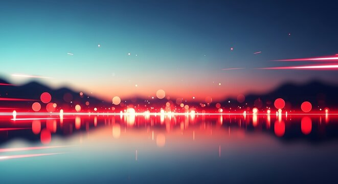 Abstract sunset horizon with red light trails and bokeh. High speed motion and connectivity concept. Light reflecting on water surface with blurred mountains