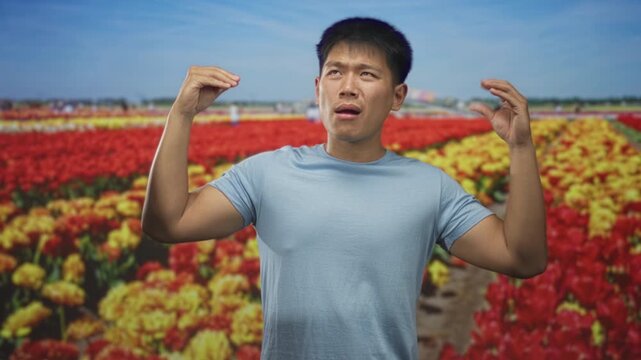 Man in blue tshirt raising both hands in a pinching gesture with visible palms in a studio tulip field backdrop, looking perplexed; confusion doubt.