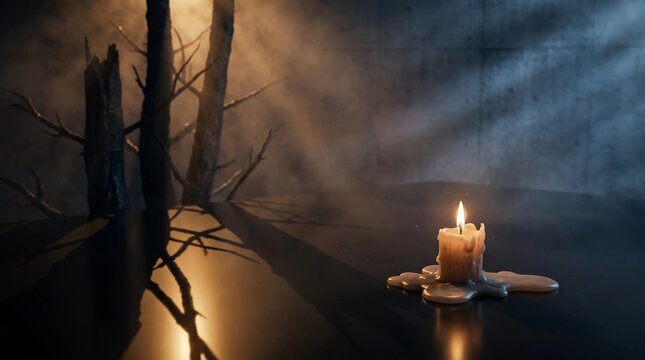 Melting candle in dark room symbolizing loneliness fear and emotional fragility