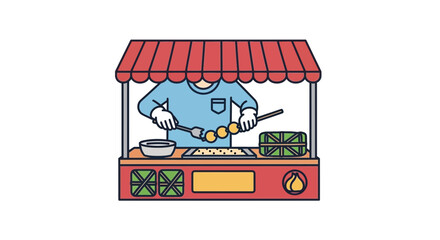 Obraz premium Street food vendor cooking skewers at a colorful stall, cartoon style illustration
