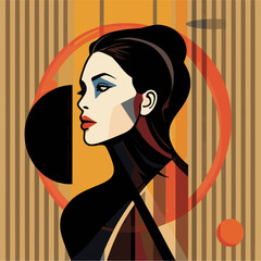 Profile portrait in art deco geometric style This elegant vector illustration showcases a side-profile portrait of a woman, masterfully integrated with structured art deco motifs. The co © ART  FOR INTERIORS N