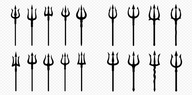 Set of black trident symbols on a transparent background, representing Hindu mythology and religious iconography.