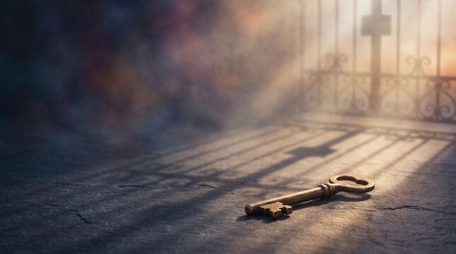 Vintage key with gate shadow symbolizing opportunity and freedom