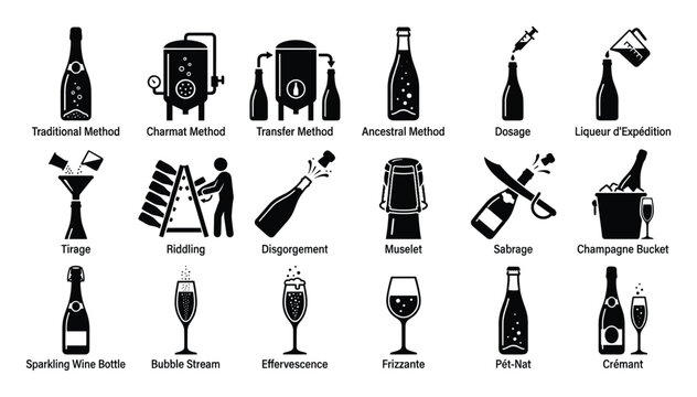 Comprehensive collection of sparkling wine production methods and terminology icons for educational graphics