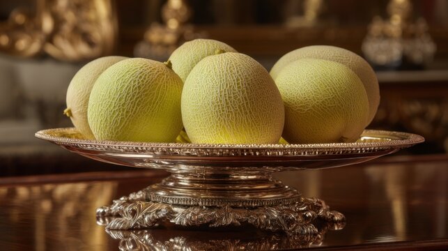 Close up of cantaloupe fruits on a decorative silver platter
