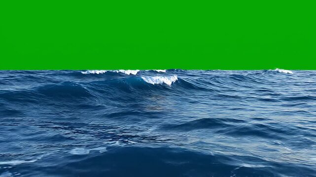 Ultra realistic ocean waves crashing and splashing on a pure green screen background, detailed sea water motion, transparent water texture