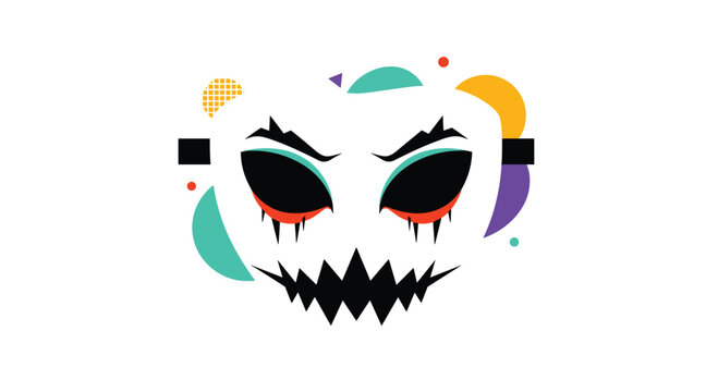 Scary monster face with sharp teeth and glowing eyes surrounded by vibrant colorful abstract geometric shapes on a white background.