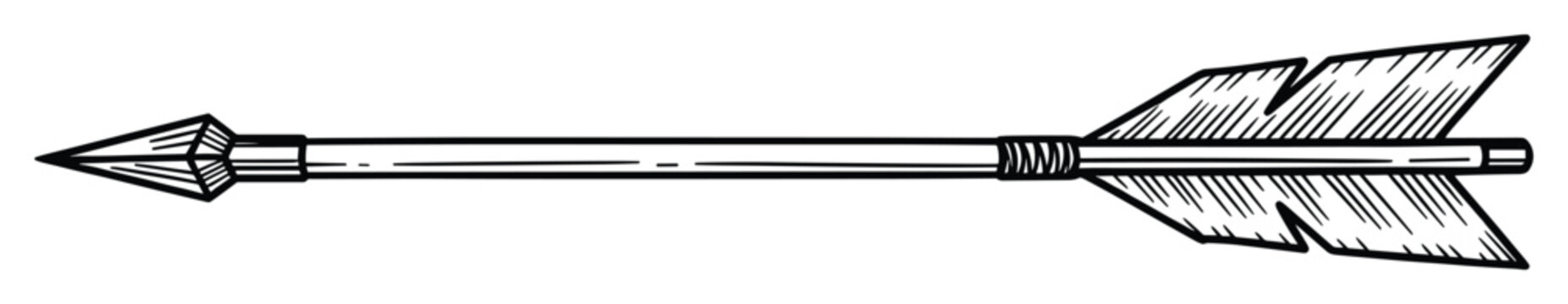 Classic hand drawn arrow with a sharp point and fletching symbolizing aim and success