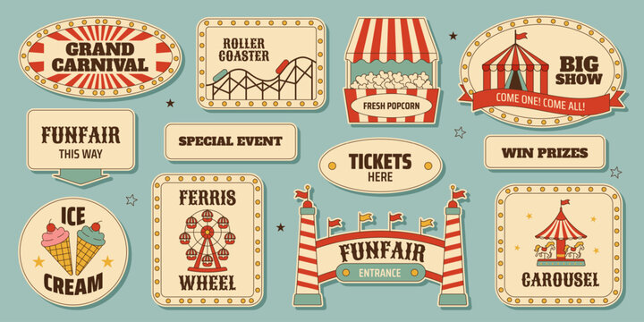 Retro funfair signage sticker set with carnival entrance, carousel, ferris wheel, popcorn stand, tickets and other vintage amusement park labels in mid century style. Vector illustration