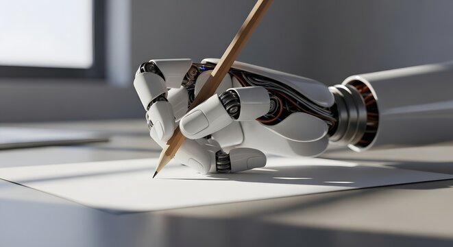 Mechanical robot hand holding a wooden pencil. Artificial intelligence and automated content creation. Futuristic cyborg writing text on a blank piece of paper over a bright office desk.