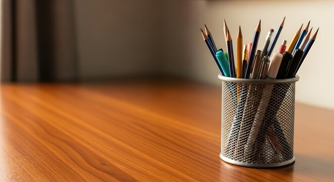 A container filled with various colorful pencils and pens on a wooden desk in an office